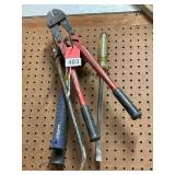 1 small HK Porter bolt cutter, 2 claw hammers (Stanley and Estwing) and a man hole pry bar by PROTO