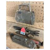 1 antique CHATILIONS IMPROVED SPRING BALANCE 50 LB. SCALE, 1 antique valve lockable compression tool and 1 valve grinding tool with a valve set tool
