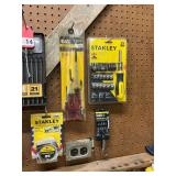 New Bostitch hex drivers, 1 Klein ratcheting bit set, 5 piece set of Klein screw holders in case, and set of Stanley tools
