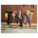 All brand new items - wire brushes, chipping hammers, strikers, flints, marking chalk pencils, and 1 new welding stinger