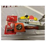 Phone line punch down tool, box knives, hook knives, 50 new box knife blades, carpet knife, shears and Lufkin tape