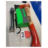 Stihl Woodcutters Ax and new Joey 3 way flashlight along with a new ST1N Schrade multitool all new