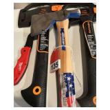 2 Fiskars hatchets new, Milwaukee folding knife, Vaughn builders hatchet