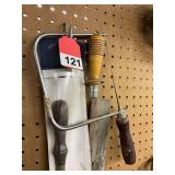 Coping saw and 2 Disston trim saws, 1 is offset for flush cutting in the case