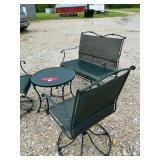 3 powder coated lawn chairs - 2 rockers and 1 - 2 seat rocker bench with table