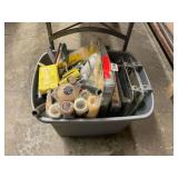 Tote packed full of painting supplies, several Purdy brushes (new and used), pans, and lots of other tools