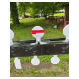 Custom built 6 target plate rack system with 6 - 8 inch collapsing targets and 6 bottom swinging targets. Targets made from AR500 1/2 inch steel, front deflector plate from 1/4 inch AR500. Withstands 