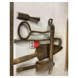 Antique hand forged Hay hook and pry bar, trowel, garden tool and wood chisel