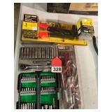 4 tools, all new but most vintage - Pop rivet gun and rivets, Klein Screwdrivers, Craftsman 1/4 inch socket set, Hitachi 40 piece bit set