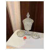 1 Manny antique Juicer, 1 Avon candy dish with lid, 1 vintage 16 inch tall candy dish on pedestal with lid