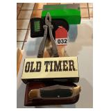 Old Timer 1250T single blade with pouch and Schrade ST 1 Multitool with pouch