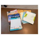 Office Supply Assortment Including Road Atlases, Legal Pad, and File Guides