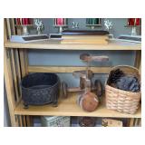 Decorative Metal Bowl with Embossed Pattern, Wooden Trike, and Basket of Pine Cones