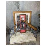Home Decor Including Framed Art, Metal Plant Stand, and Wall Shelves