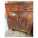Wooden Storage Cabinet with Assorted Hand Tools and Hardware