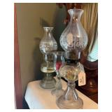 Glass Oil Lamps with Etched Chimneys and Glass Candle Holder