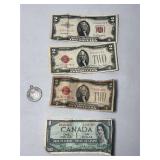 US Two Dollar Bills, Canadian One Dollar Banknote, and German Heidelberg Souvenir Medal