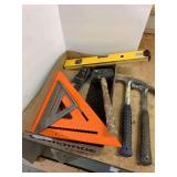 Hand Tool Collection with Hammers, Square, and Level