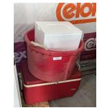 Igloo Cooler and Red Plastic Tub with Styrofoam Inserts