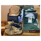 Outdoor Gear Assortment Including Nike Boots, Broner Hat, and Bushnell Binoculars