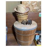 Household and Decorative Wooden Barrel, Woven Basket, Straw Hat, Animal Figurines, and Fur Mittens