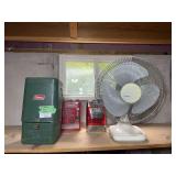 Coleman Lantern, Lasko Fan, and Coleman Fuel Cans
