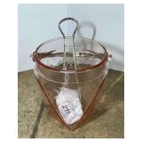 Pink Glass Ice Bucket with Etched Floral Pattern and Metal Tongs