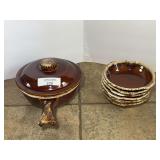 Hull Oven Proof USA Brown Drip Glaze Casserole Dish and Six Small Bowls
