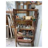 Wood Shelf w/ Assorted Workshop and Hardware Lot with Casters, and Bird Feeders