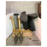 Cast Iron Beetle Boot Jacks and Rubber Boots with Wooden Stand