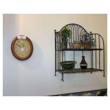 Brownstone Wall Clock and Metal Wall Shelf with Assorted Decor