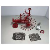 Agricultural Memorabilia Collection: Metal Tractor Sculpture, Belt Buckles, and Watch