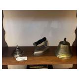 Household Items Including Metal Bell and Iron