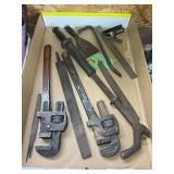 Hand Tool Collection Including Pipe Wrenches and Files