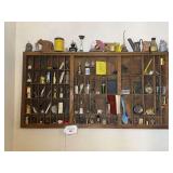 Wooden Typesetter Drawer with Assorted Collectible Miniatures and Ephemera