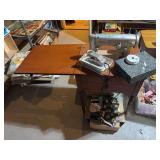 White Sewing Machine in Wooden Cabinet with Accessories