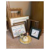 Home Decor Collection Including Framed Art, Clock, and Wooden Crate
