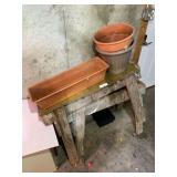 Assorted Plastic Planters, Rectangular Window Box and Wooden Saw Horses