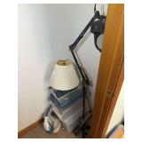 Household Items Including Magnifying Lamp, Table Lamp, and Rowenta Steam Cleaner