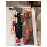 Vaught builders hatchet, a Mossy Oak Large blade survival knife w/sheath and a Chicago Cutlery scissors and knife set