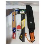 Vaughn Builders hatchet, a Paracuda FS machete and a Sutherlands hatchet