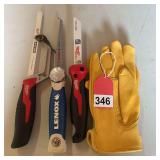2 new Milwaukee saws and 1 new Lenox saw and 1 pair of new Deer Skin gloves Medium