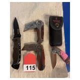 Rock River folder and 2 really nice wood handled Sheffield box knives and a Browning (FOR HER) vintage pocket knife and sheath