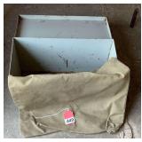 Smaller gray metal chest with lid and hasp and a green military mail bag w/zipper also Coast Guard Issue from 1950’s. Know the origin is correct