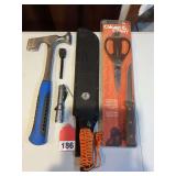 Chicago Cutlery Scissors and Knife, Paracuda FS Machete, 1 builders hatchet 1 Joey light