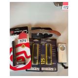 1 Stream Light – Pen Light, 1 Nebo rechargeable 2 Inova lights Sheffield folder Really nice wooden handle