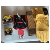 New Sheffield multi tool, 2 new Stanley tapes, 4 vintage folding Lufkin rulers, 2 new pair of Deer Skin gloves – Medium and Large