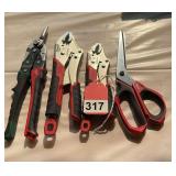 Top end set of 4 Milwaukee tools, tin snips, 2 vise grips & 1 pair shears