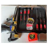 New 6 piece set of mini screwdrivers by Milwaukee and case, 3 tapes, and 2 small Vise grip clamps.