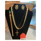 Gold bracelet and necklace to match with necklace and cross + earrings
